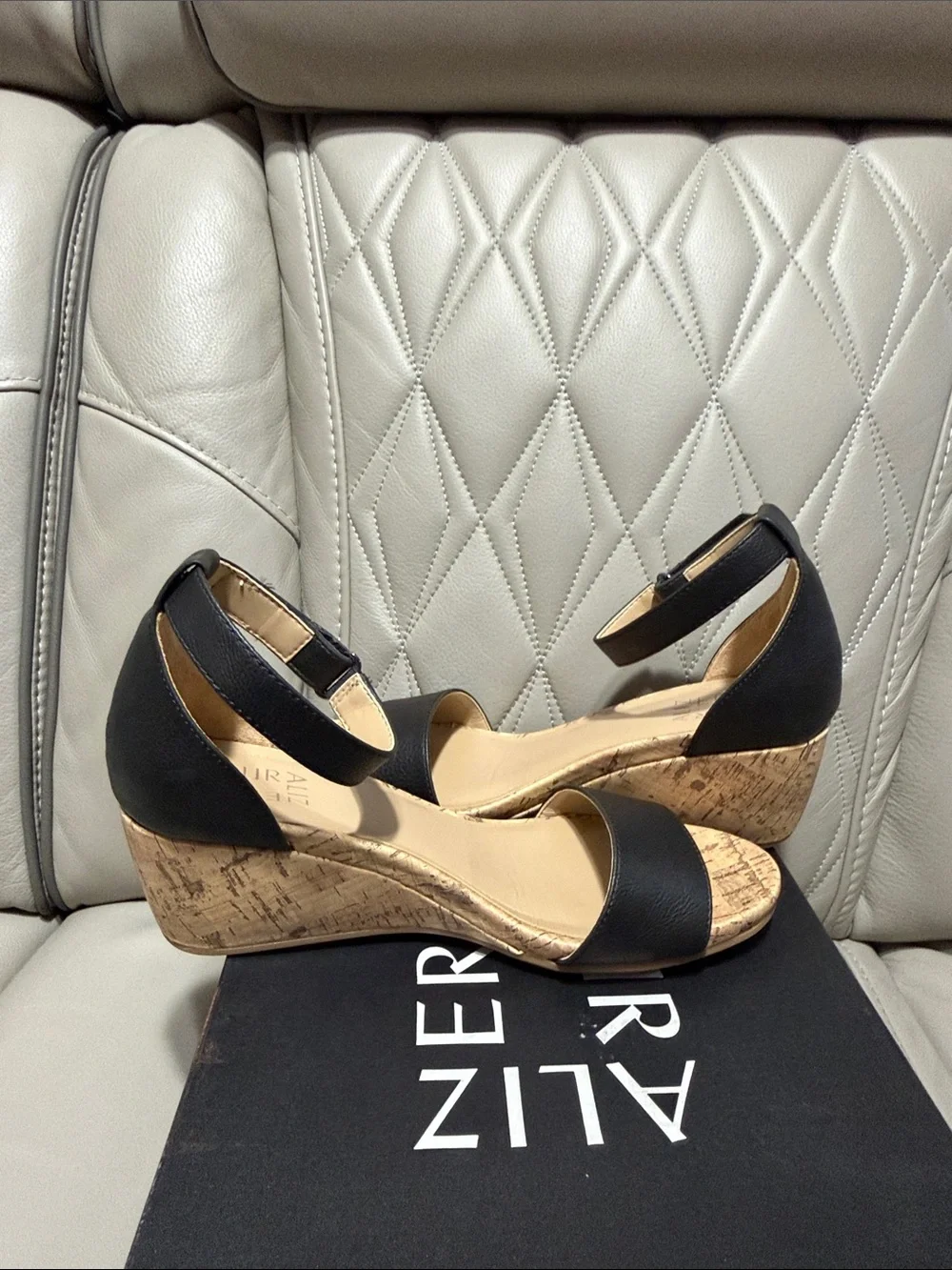 Naturalizer Areda Black Cork Wedge Ankle-Strap Sandal